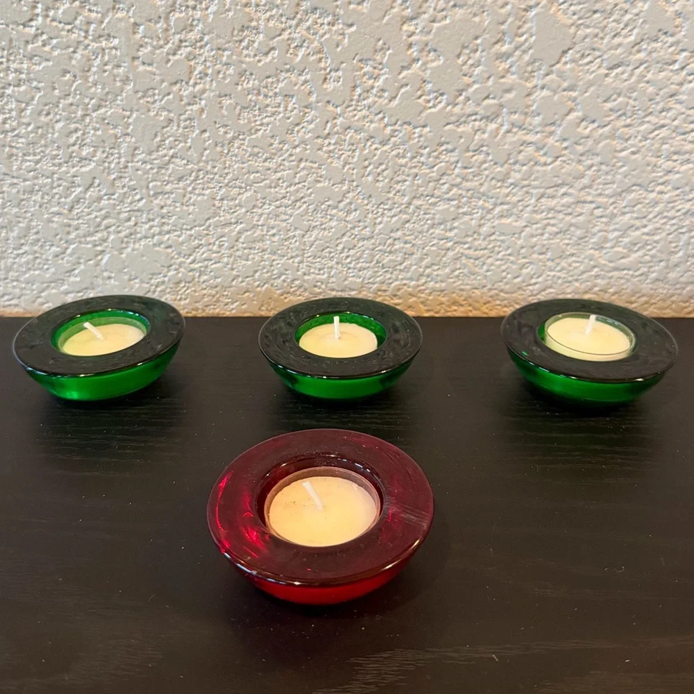Crate&Barrel Green and Red Glow Glass Tealight Holders
